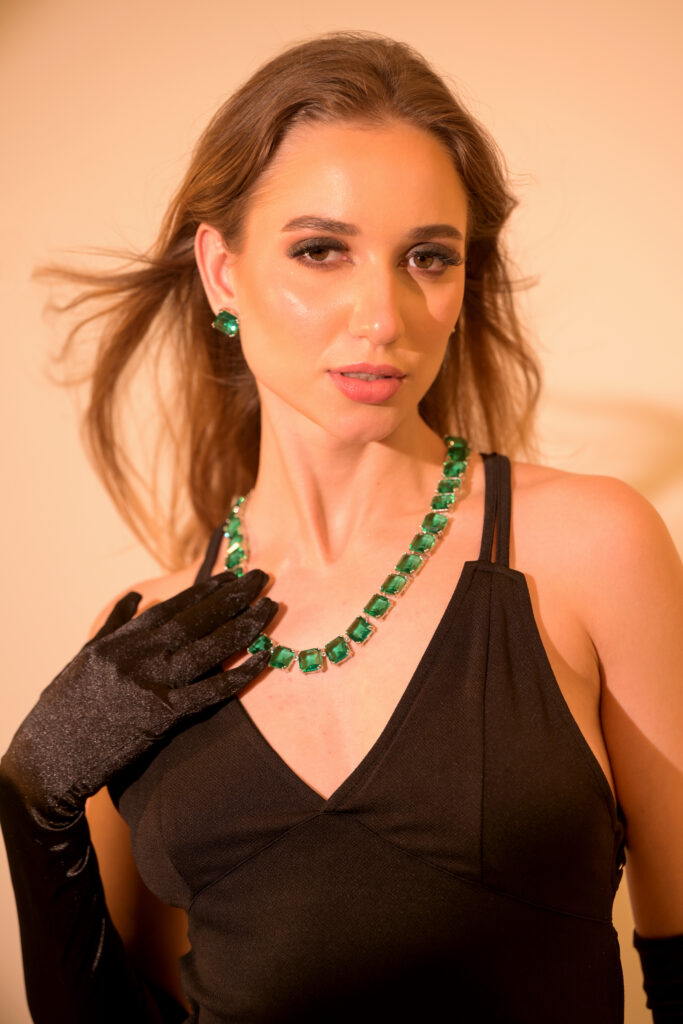 Emerald necklace and earrings set, rectangular green stone jewelry, elegant cocktail jewelry, rhodium plated necklace, formal gemstone accessories, vibrant green stud earrings, minimalist luxury jewelry, emerald fashion set