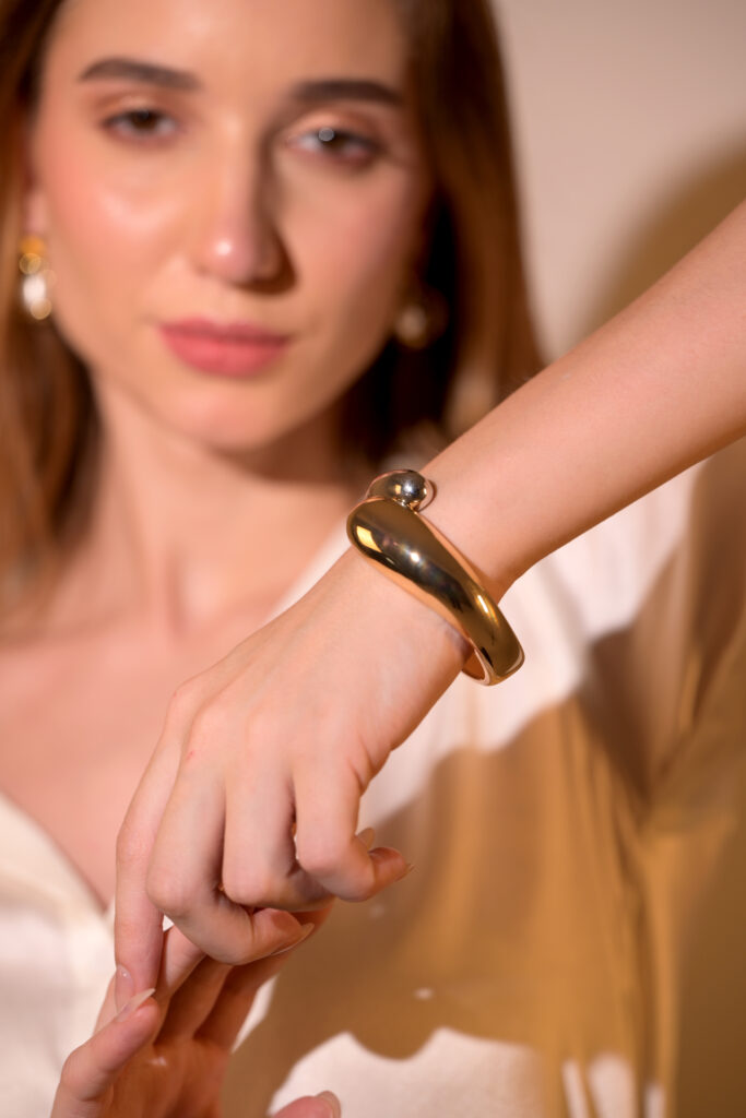 dual tone gold silver bracelet set, minimalist gold sphere earrings, two-tone jewellery set, 18K gold plated cuff bracelet, hypoallergenic dual finish jewellery