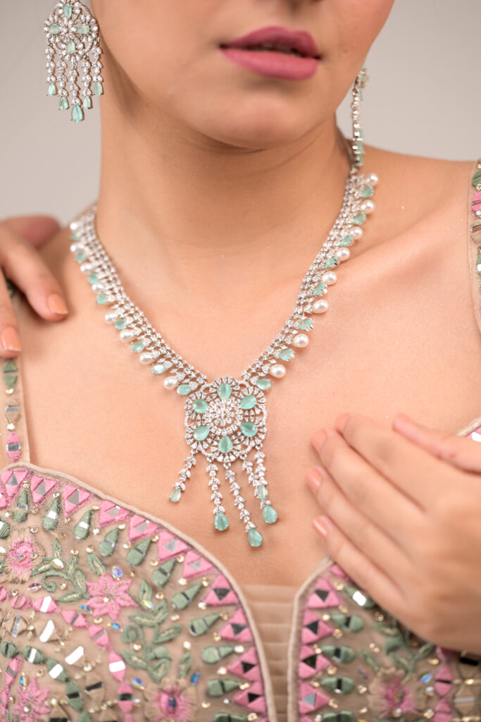 American diamond jewellery set UK, mint green jewellery set, AD necklace with pearls, bridal AD jewellery, rhodium plated AD jewellery, cubic zirconia bridal set, statement jewellery for weddings, festive jewellery UK
